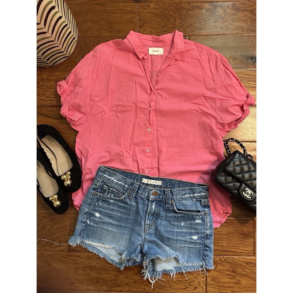 Xirena Pink Cotton Button Down Shirt S Puff Ruffle Sleeve Blouse Fuchsia Top USA